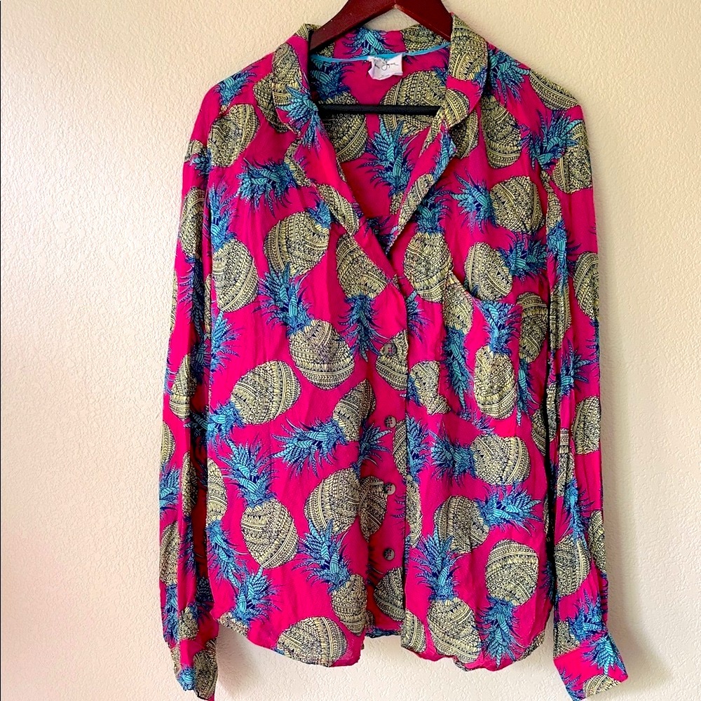 Anthropologie Janine Lecour Pink Pineapple Shirt, Sz XL - Picture 2 of 7